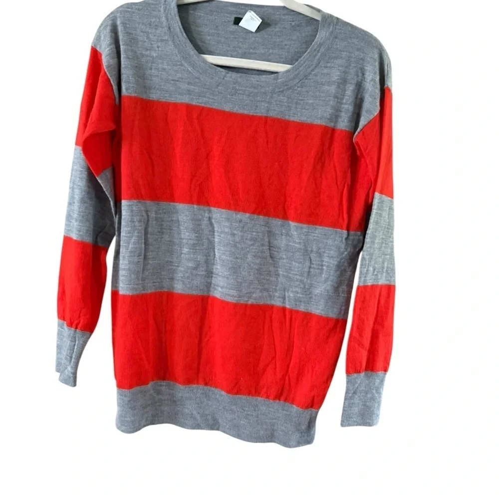 J. Crew Red and Gray Striped Crew Neck Sweater